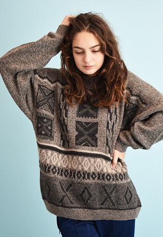 90'S RETRO ABSTRACT PATTERN OVERSIZED JAZZY DADS KNIT JUMPER