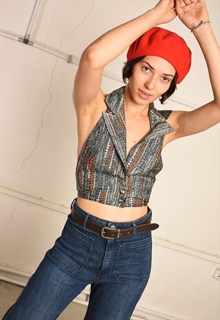 70'S RETRO SHIMMER DISCO FESTIVAL HALTER CROP TOP