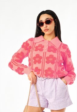 Pink Floral Tufted Stripe Sweater