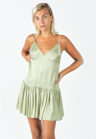 GLE SATIN MINI RUFFLE DRESS IN SAGE GREEN