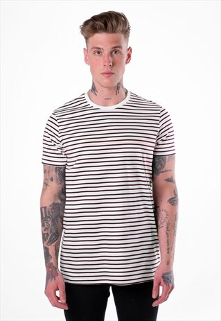 ESSENTIAL STRIPED T-SHIRT - WHITE/RED MAROON BURGUNDY