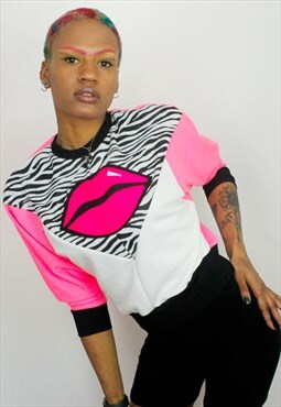 Pink white & zebra print panel jumper with pink lips