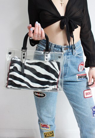 VINTAGE 90S CLEAR PVC TOP HANDLE ZEBRA PRINT HANDBAG
