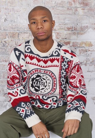 VINTAGE KAPPA PATTERN KNIT JUMPER CREAM RED GREY