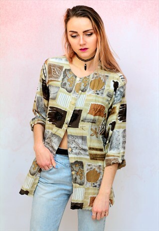 1990S VINTAGE BEIGE PATTERNED PRINT PURE SILK SHIRT