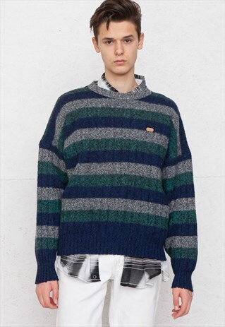 VINTAGE BLUE LES COPAINS ROUND NECK WOOL KNIT JUMPER SWEATER