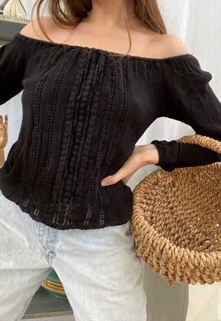 VINTAGE Y2K 00S BOHO HIPPIE OFF-SHOULDER LACE BLOUSE TOP