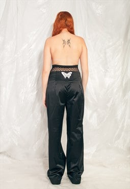 Vintage Satin Pants Y2K Reworked Butterfly Flare Trousers
