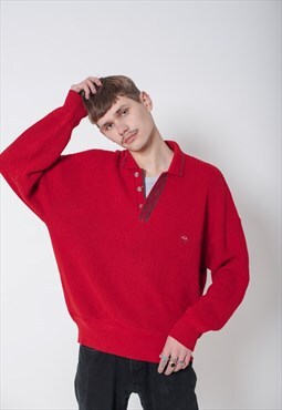 Vintage 90s Preppy Polo Neck Unisex Jumper in Red M