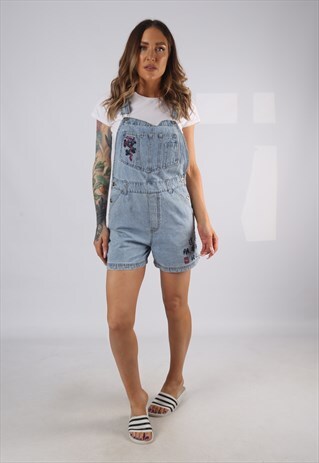 VINTAGE DENIM DUNGAREE SHORTS ROUTE 66 UK 10 SMALL (HD1V)
