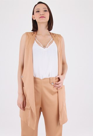 BEIGE LONG LINE CROSS OVER WAISTCOAT