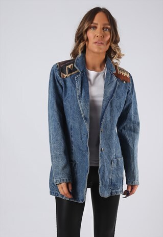 DENIM JACKET BLAZER 90'S EMBROIDERED LONG UK 12 (GJDC)