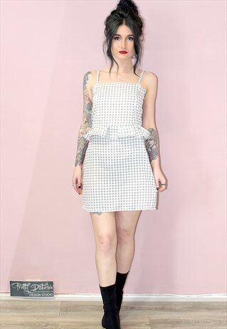 VINTAGE 90S STYLE GINGHAM GREY & WHITE PEPLUM MINI DRESS