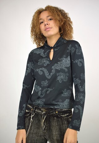 VINAGE 90S BLACK GREY DRAGON PRINT KEY HOLE TOP
