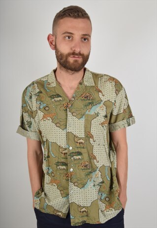 VINTAGE FESTIVAL SHIRT AFRICAN ANIMALSMAP PRINT SIZE L (807)