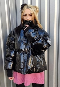 Shiny plastic crop bomber quilted grunge puffer jacket black