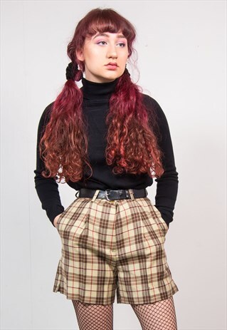 VINTAGE 90'S BEIGE CHECKED HIGH WAIST MINI SHORTS