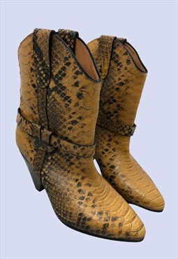 Yellow Brown All Leather Snake Croc Texture Cowboy Boots