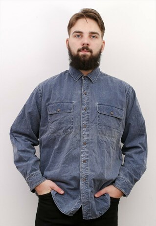 VINTAGE MEN'S L DENIM BUTTON UP PLAID LINED SHIRT JEANS WARM