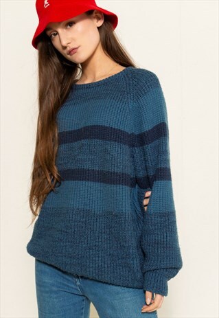 VINTAGE 80'S BLUE STRIPE KNIT JUMPER