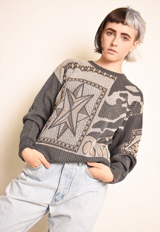 90'S RETRO JAZZY GRAPHIC PATTERN OVERSIZED DADS KNIT JUMPER