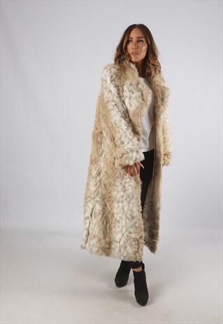 VINTAGE FAUX FUR COAT JACKET LONG UK L 14 (9BR)