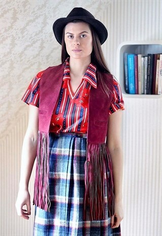 BURGUNDY SUEDE FRINGE WAISTCOAT