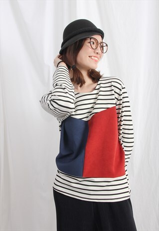 (KOREAN) BRETON STRIPE JERSEY TOP WITH PATCHWORK