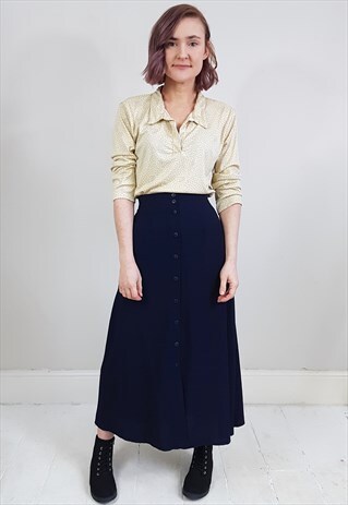VINTAGE 90'S CRINKLE NAVY BLUE BUTTON DOWN MIDI SKIRT
