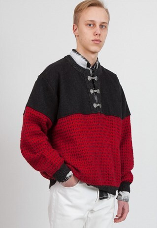 VINTAGE RED BLACK WOOL KNIT NORWEGIAN JUMPER SWEATER