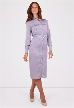 SATIN GREY BELTED MAXI SHIRT DRESS