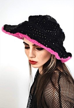 Embellished fleece bucket black reversible fedora two sided 