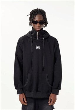 Raised neck hooded jumper tee utility pullover top in black