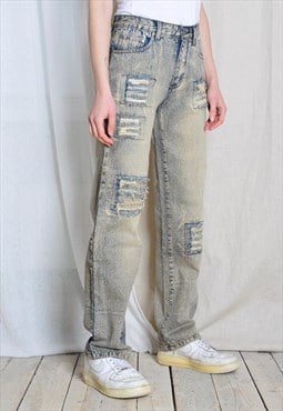 Vintage 90s Unisex Beige Blue Distressed High Waist Jeans