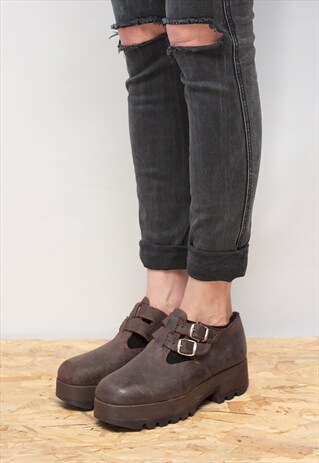 VINTAGE 70' AMAZING CLASSIC BROWN LEATHER PLATFORM SHOES