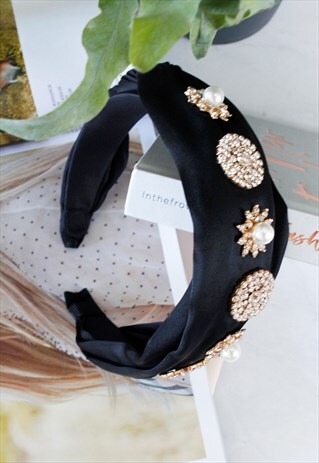 BLACK SATIN PLAITED DIAMANTE PEARL ALICE HEAD BAND