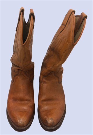 TAN BROWN COWBOY WESTERN GENUINE LEATHER HEELED BOOTS