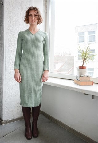 Vintage Mint Green Glitter Thread Long Sleeved Knit Dress