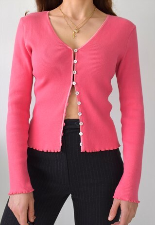 VINTAGE 90S Y2K CORAL RIBBED LETTUCE HEM CARDIGAN TOP S