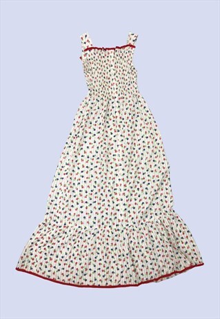 VINTAGE CREAM FLORAL PRINT SHIRRED MAXI COTTON SUMMER DRESS