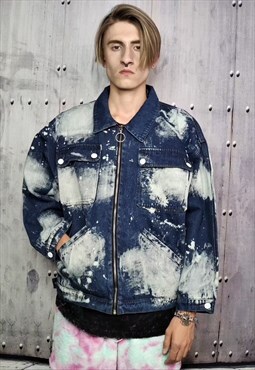 Tie-dye denim jacket paint splatter jean coat in washed blue