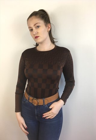 WOMENS VINTAGE FENDI LONG SLEEVED TOP IN BROWN ZUCCA PRINT