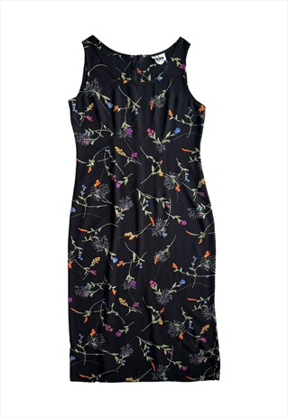 90S VINTAGE DRESS MIDI PENCIL FLORAL PATTERNED BLACK