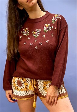 VINTAGE 90's Embroidered Floral Maroon Long Sleeve Jumper - 