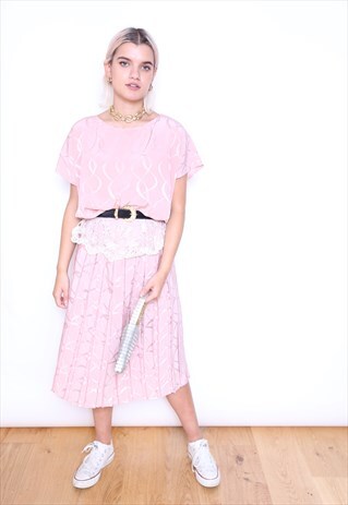 VINTAGE 80S PINK LACE PLEATED MIDI DRESS
