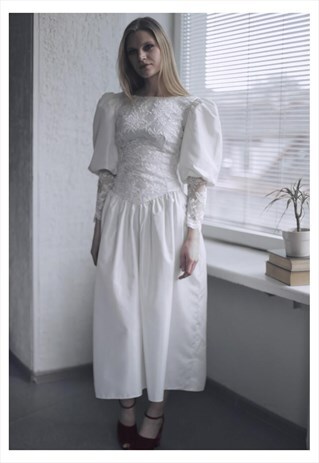VINTAGE 60'S MIDI WHITE WEDDING PUFF SLEEVES DRESS
