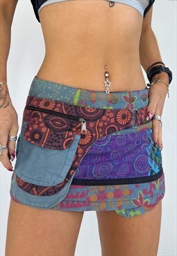 Vintage Y2k Mini Skirt Festival Hippy Patchwork Wrap Around