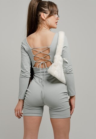 Festival y2k green lace up shorts playsuit 