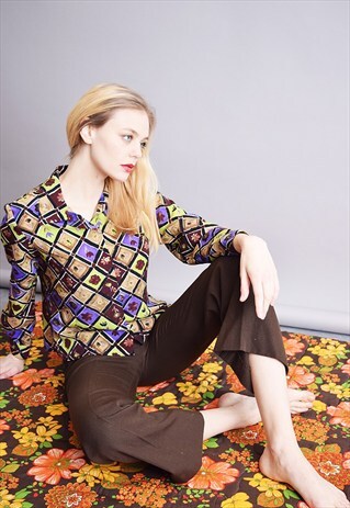 90'S MOD BOHO CHECKED FLORAL PATTERN OVERSIZED MOM'S SHIRT