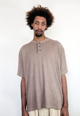 90S OVERSIZE CLASSIC RIBBED HEATHER BROWN HENLEY SHIRT XXL